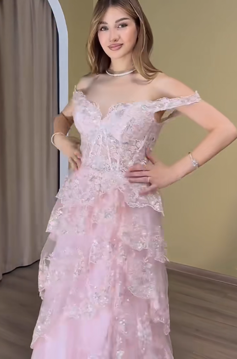 Chic Off-shoulder A-Line Applique Tulle Long Evening Dress Pink Prom Dress DP06284