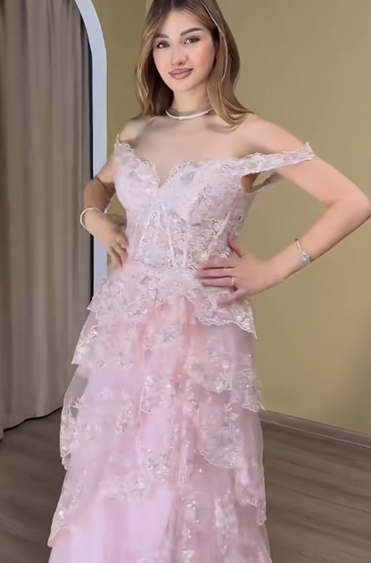 Chic Off-shoulder A-Line Applique Tulle Long Evening Dress Pink Prom Dress DP06284