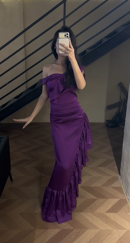 Chic Off-shoulder Sheath Satin Long Evening Dress Purple Prom Dress DP06285