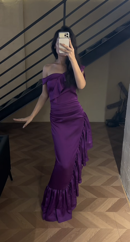 Chic Off-shoulder Sheath Satin Long Evening Dress Purple Prom Dress DP06285