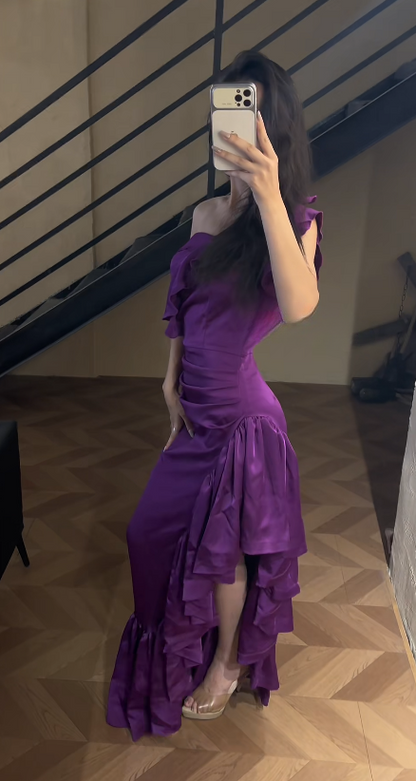 Chic Off-shoulder Sheath Satin Long Evening Dress Purple Prom Dress DP06285