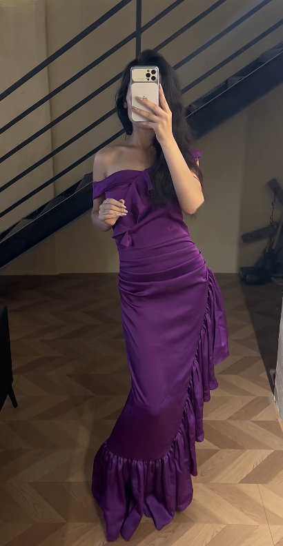 Chic Off-shoulder Sheath Satin Long Evening Dress Purple Prom Dress DP06285