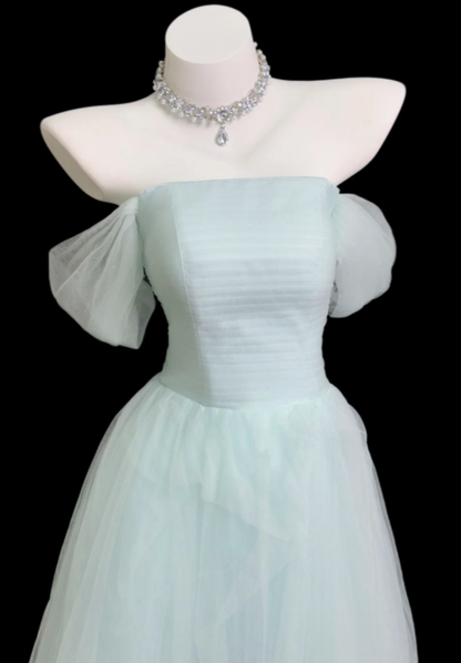 Chic Off-shoulder A-Line Tulle Long Evening Dress Tiffany Blue Prom Dress DP06286