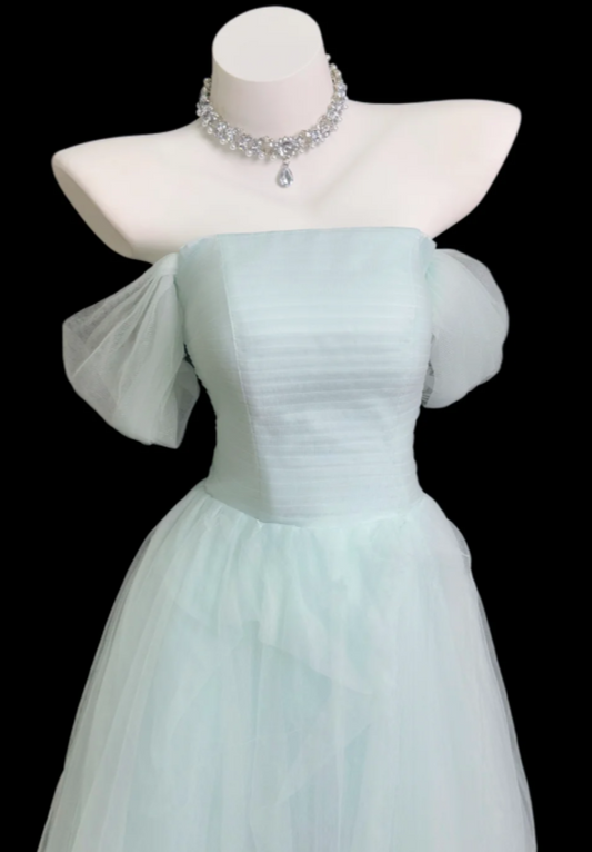 Chic Off-shoulder A-Line Tulle Long Evening Dress Tiffany Blue Prom Dress DP06286