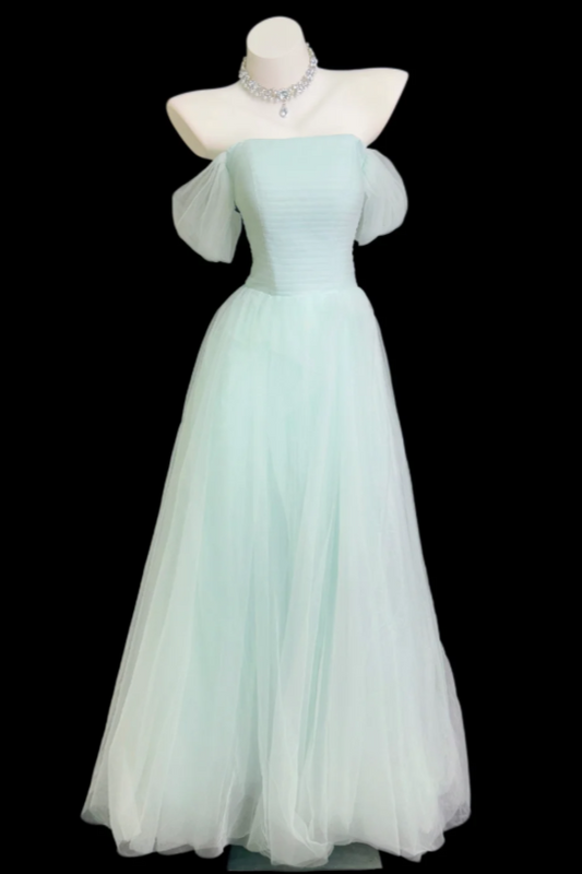 Chic Off-shoulder A-Line Tulle Long Evening Dress Tiffany Blue Prom Dress DP06286