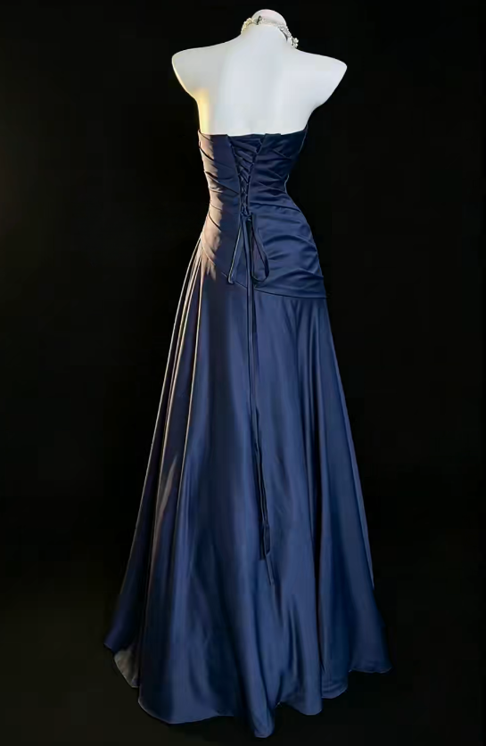 Chic Strapless A-Line Satin Long Evening Dress Navy Blue Prom Dress DP06287
