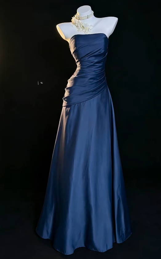 Chic Strapless A-Line Satin Long Evening Dress Navy Blue Prom Dress DP06287