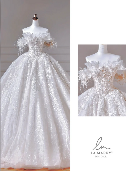 Timeless Off-shoulder A-Line Wedding Dress White Bridal Gown Applique Tulle Bridal Dress DP06294
