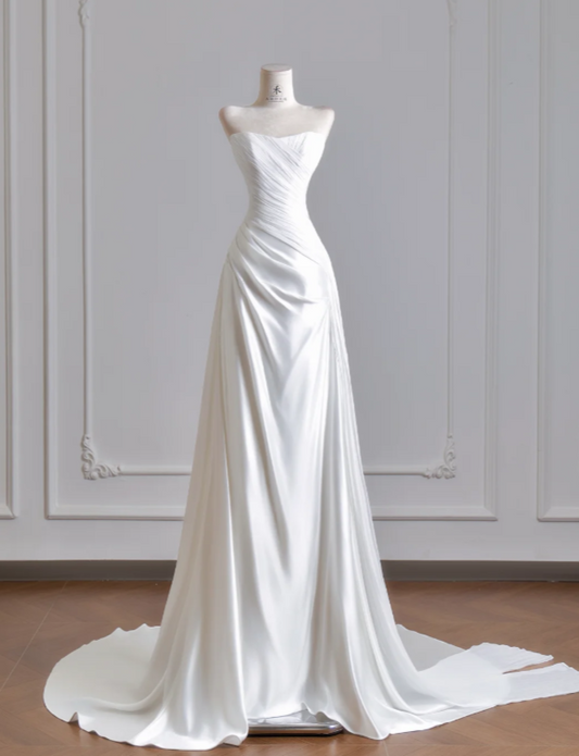 Timeless Strapless Sheath Wedding Dress White Bridal Gown Satin Bridal Dress DP06296