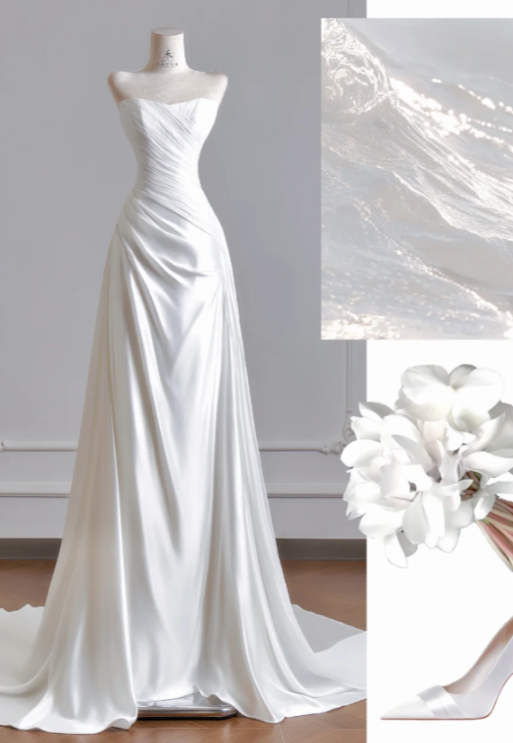 Timeless Strapless Sheath Wedding Dress White Bridal Gown Satin Bridal Dress DP06296
