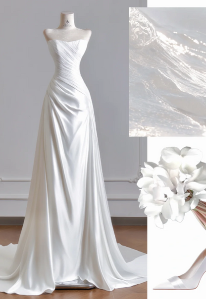 Timeless Strapless Sheath Wedding Dress White Bridal Gown Satin Bridal Dress DP06296