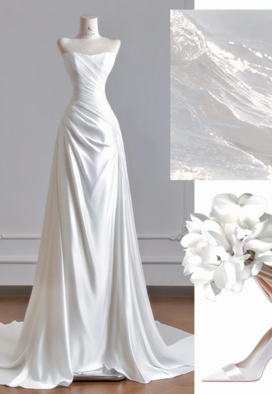 Timeless Strapless Sheath Wedding Dress White Bridal Gown Satin Bridal Dress DP06296