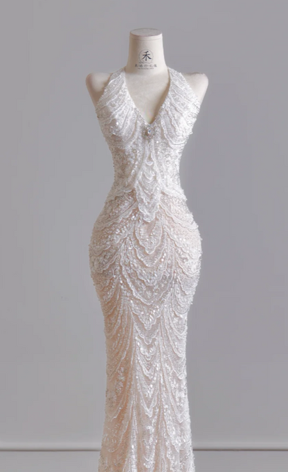 Timeless V-neck Mermaid Wedding Dress White Bridal Gown Sequins Tulle Bridal Dress DP06299