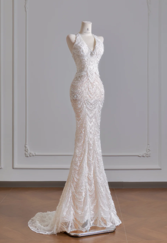 Timeless V-neck Mermaid Wedding Dress White Bridal Gown Sequins Tulle Bridal Dress DP06299