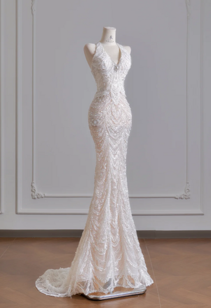 Timeless V-neck Mermaid Wedding Dress White Bridal Gown Sequins Tulle Bridal Dress DP06299