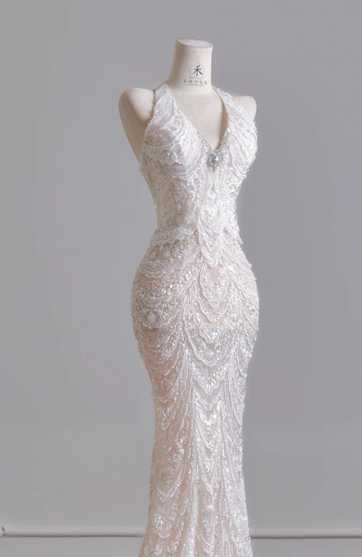 Timeless V-neck Mermaid Wedding Dress White Bridal Gown Sequins Tulle Bridal Dress DP06299