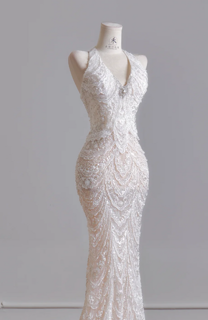 Timeless V-neck Mermaid Wedding Dress White Bridal Gown Sequins Tulle Bridal Dress DP06299