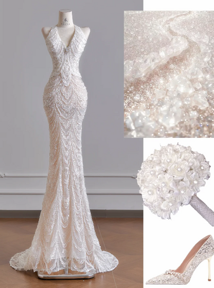 Timeless V-neck Mermaid Wedding Dress White Bridal Gown Sequins Tulle Bridal Dress DP06299