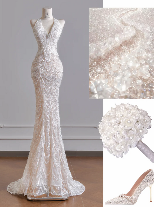 Timeless V-neck Mermaid Wedding Dress White Bridal Gown Sequins Tulle Bridal Dress DP06299