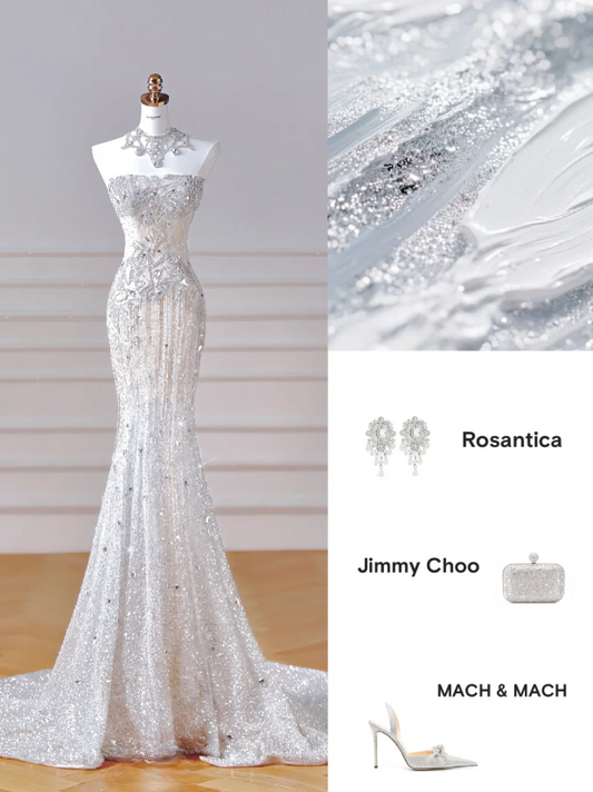Timeless Strapless Mermaid Wedding Dress White Bridal Gown Beaded Tulle Bridal Dress DP063000
