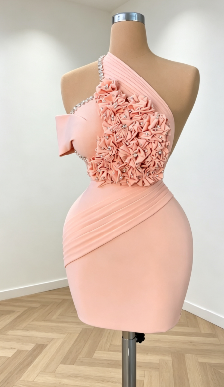 Sexy Pink Hoco Dress Bodycon Chiffon Dress for Party One-shoulder Appliques Birthday Dress DP06302