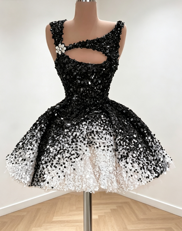 Sexy Black Hoco Dress A-Line Sequins Dress for Party Straps Tulle Birthday Dress DP06303