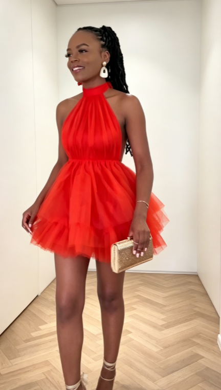 Sexy Red Hoco Dress Halter A-Line  Dress for Party Tulle Birthday Dress DP06304
