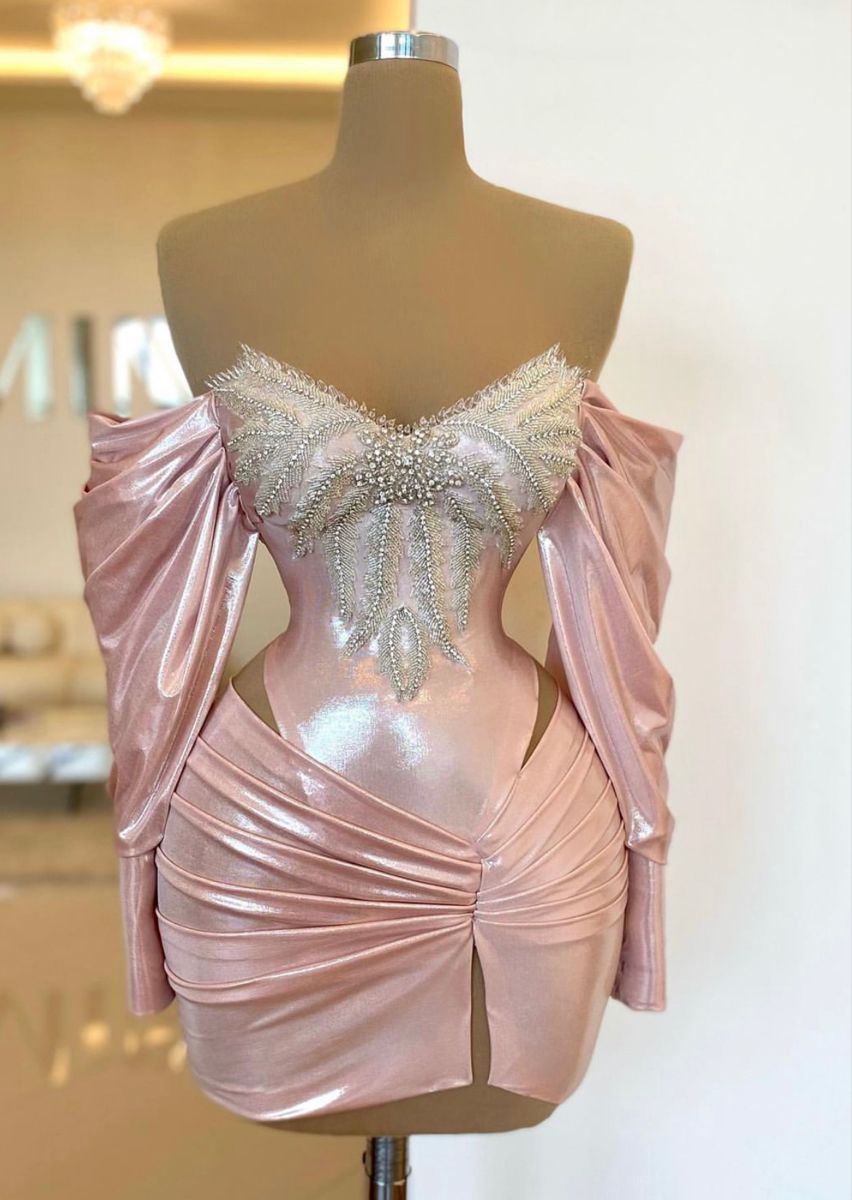 Sexy Pink Hoco Dress Off-shoulder Sheath  Dress for Party Satin Beaded Birthday Dress DP06306