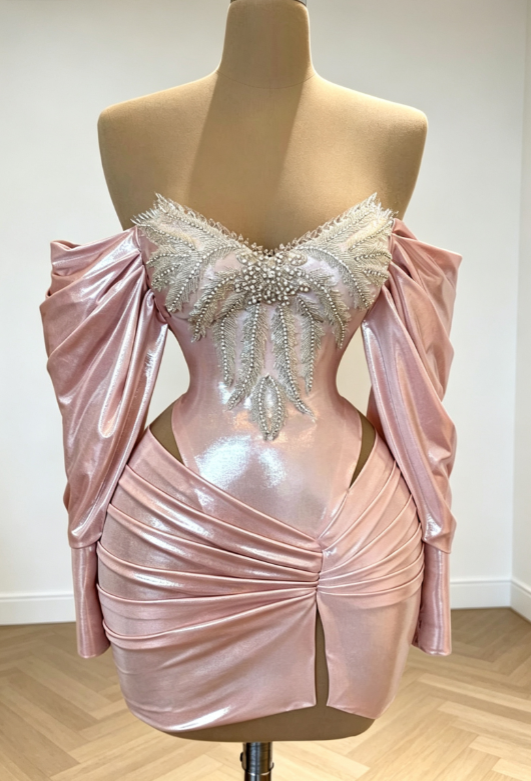 Sexy Pink Hoco Dress Off-shoulder Sheath  Dress for Party Satin Beaded Birthday Dress DP06306