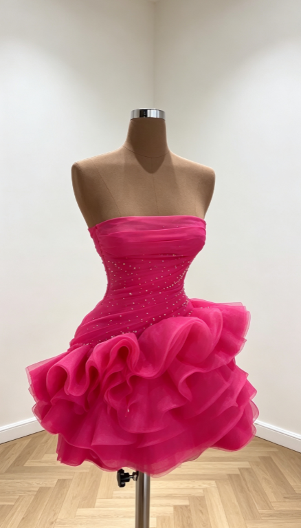 Sexy Hot Pink Hoco Dress Strapless Sheath Dress for Party Tulle Birthday Dress DP06315