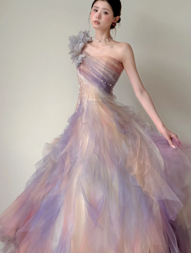 Glam One-shoulder Prom Dress  A-Line Dress for Party Tulle Evening Dress  DP06317