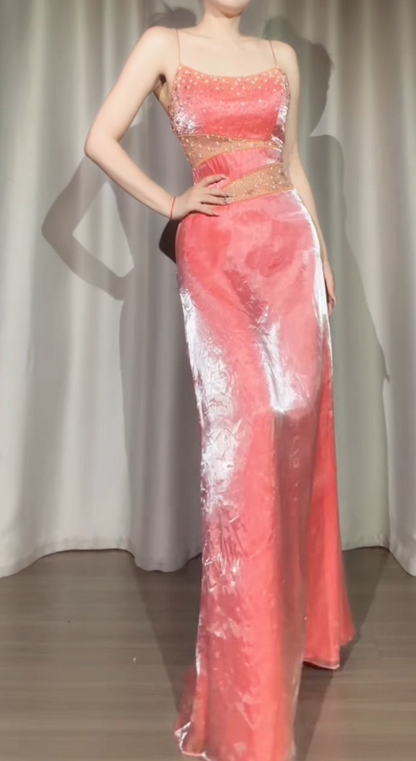 Glam Peach Prom Dress Sheath Dress for Party Satin Evening Dress DP06319