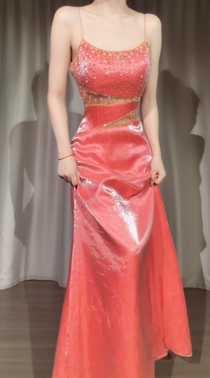 Glam Peach Prom Dress Sheath Dress for Party Satin Evening Dress DP06319