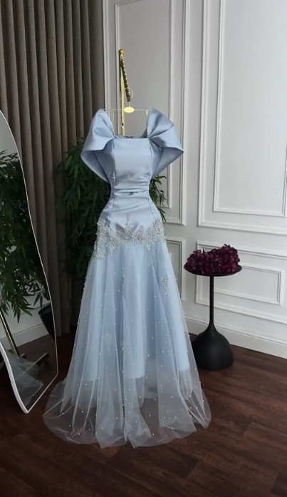 Glam Blue Prom Dress A-Line Dress for Party Satin Evening Dress DP06321