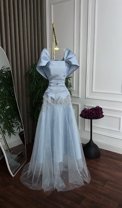 Glam Blue Prom Dress A-Line Dress for Party Satin Evening Dress DP06321