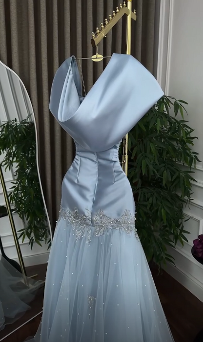 Glam Blue Prom Dress A-Line Dress for Party Satin Evening Dress DP06321