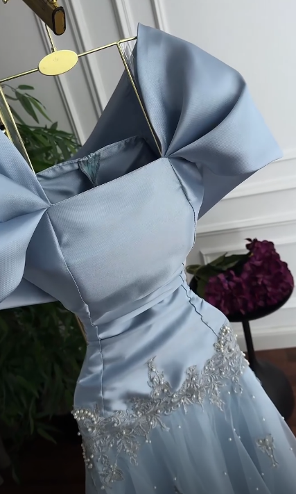 Glam Blue Prom Dress A-Line Dress for Party Satin Evening Dress DP06321