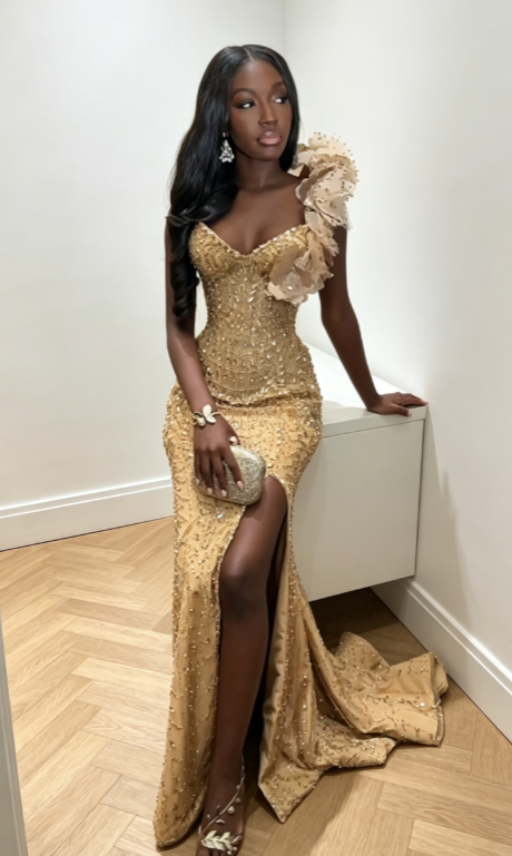 Glam Gold Prom Dress Sheath Dress for Party Beaded Satin Evening Dress DP06330