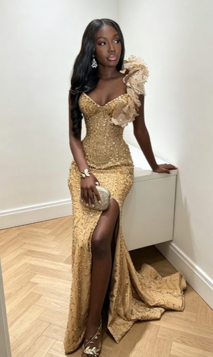 Glam Gold Prom Dress Sheath Dress for Party Beaded Satin Evening Dress DP06330