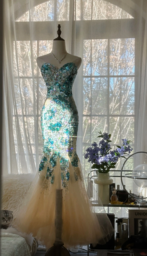 Glam Blue Prom Dress Sheath Dress for Party Beaded Tulle Evening Dress DP06333