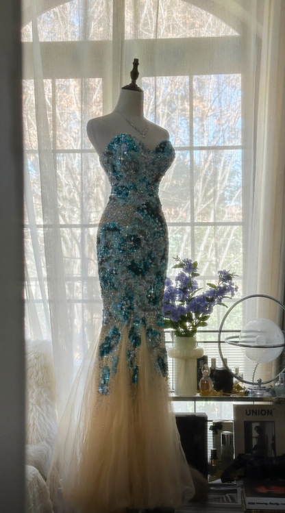 Glam Blue Prom Dress Sheath Dress for Party Beaded Tulle Evening Dress DP06333