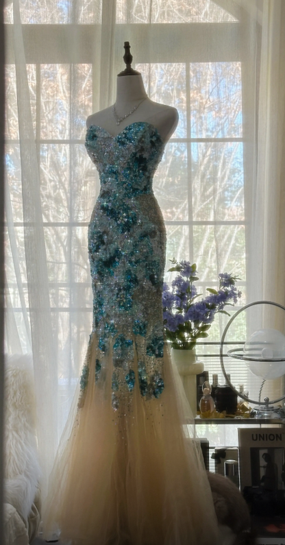 Glam Blue Prom Dress Sheath Dress for Party Beaded Tulle Evening Dress DP06333