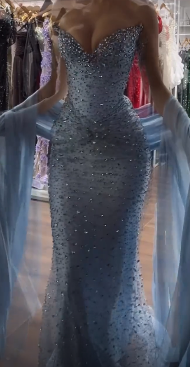 Glam Dusty Blue Prom Dress Sheath Dress for Party Beaded Tulle  Evening Dress DP06335
