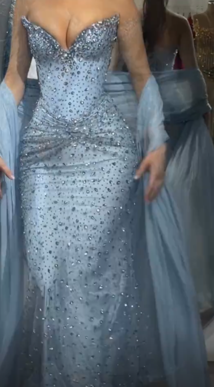 Glam Dusty Blue Prom Dress Sheath Dress for Party Beaded Tulle  Evening Dress DP06335