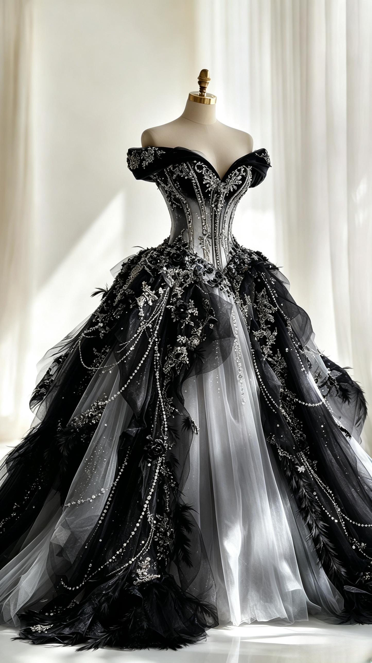 Chic Black Ball Gown Quinceanera Dress Off-shoulder Tulle Sweet 16 Dress DP06336