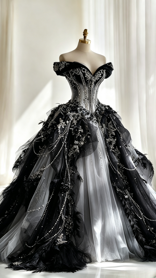 Chic Black Ball Gown Quinceanera Dress Off-shoulder Tulle Sweet 16 Dress DP06336