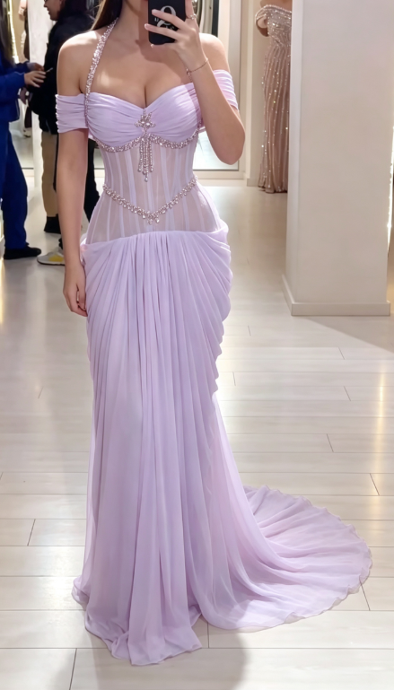 Chic Lavender Prom Dress Off-shoulder Sheath Chiffon Long Evening Dress DP06339