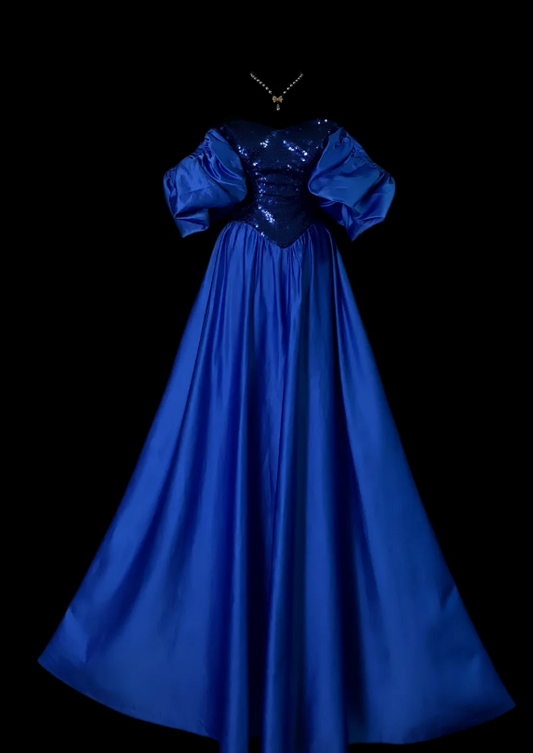 Chic Blue Prom Dress Off-shoulder A-Line Satin Long Evening Dress DP06340