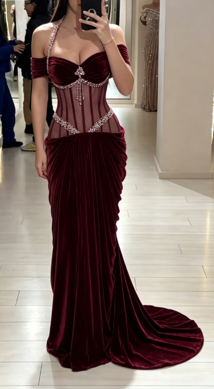 Chic Burgundy Prom Dress  Sheath Velvet Long Evening Dress DP06344