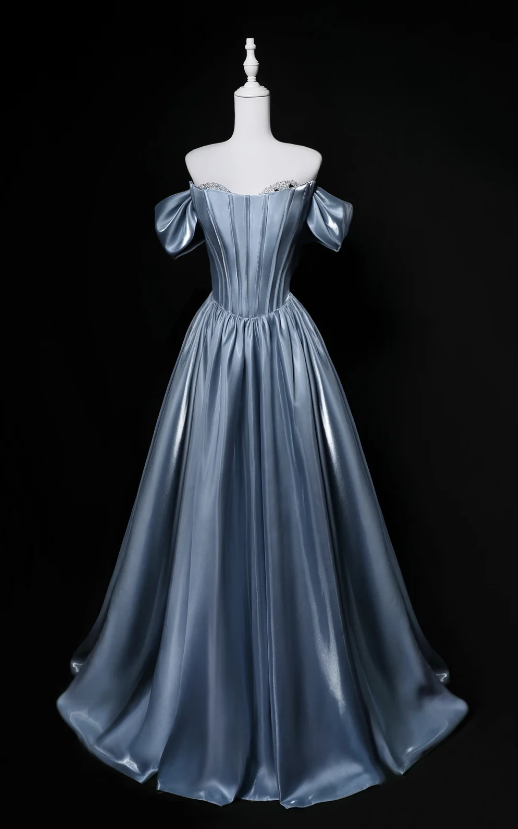 Chic Dusty Blue Prom Dress  Off-shoulder A-Line Satin Long Evening Dress DP06345